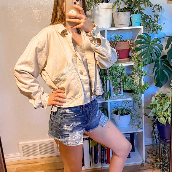 Topshop Oversized Denim Jacket Beige Long Sleeve Cropped Collared Bomber - Picture 5 of 7
